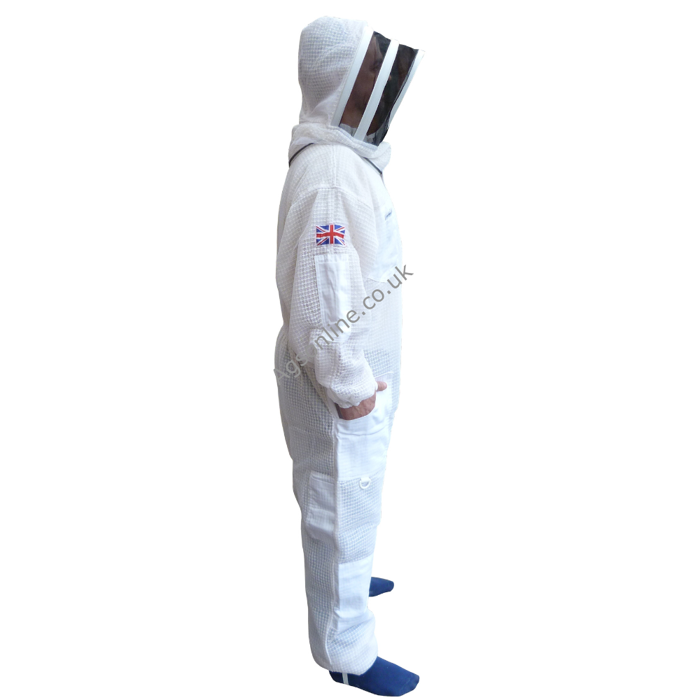 Side view of white 3 layer beekeeping suit with fencing veil
