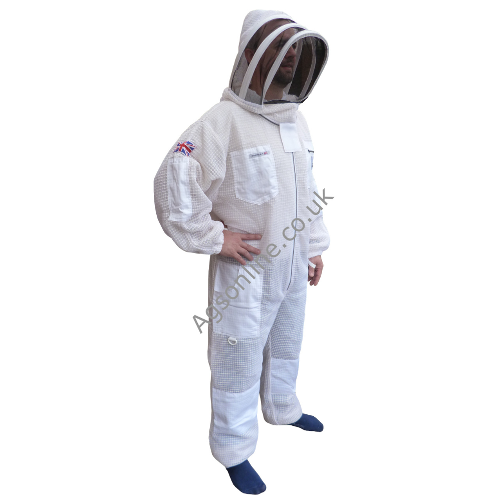 Model wearing white 3 layer ventilated bee suit with fencing veil, front view