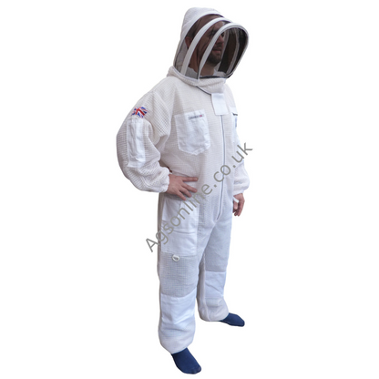 Model wearing white 3 layer ventilated bee suit with fencing veil, front view
