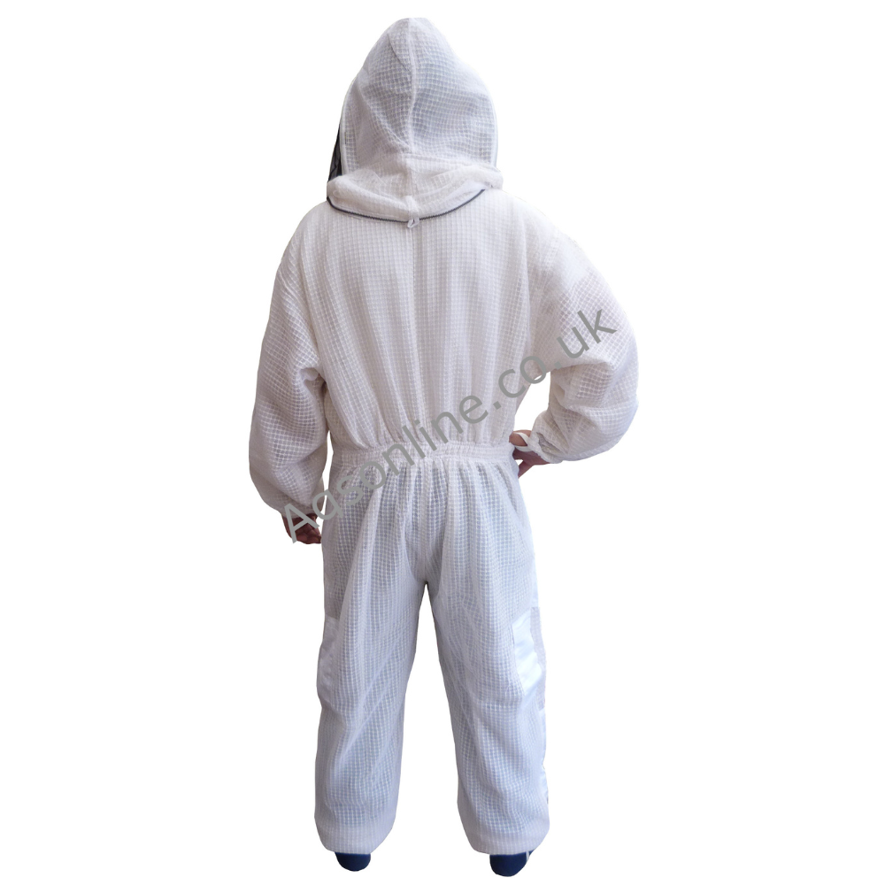 Back view of white 3 layer ventilated bee suit with hood up