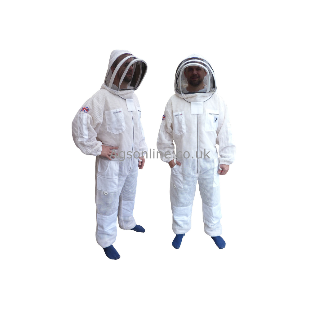 Two models wearing white 3 layer ventilated bee suit with fencing veil