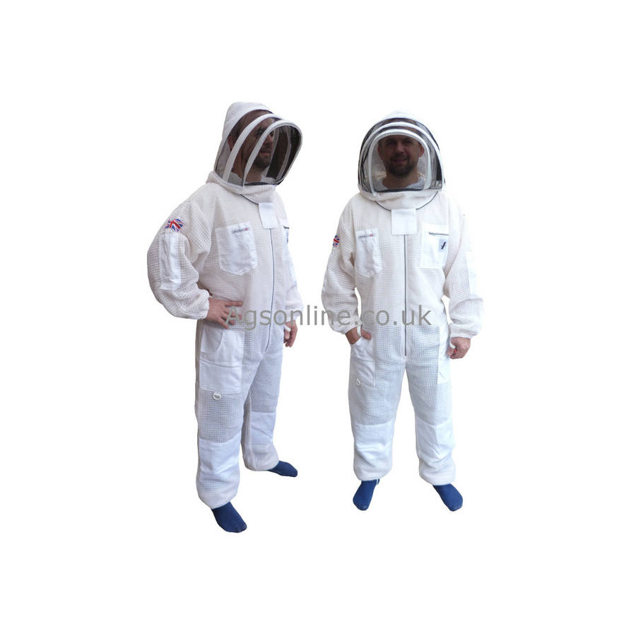 Two models wearing white 3 layer ventilated bee suit with fencing veil