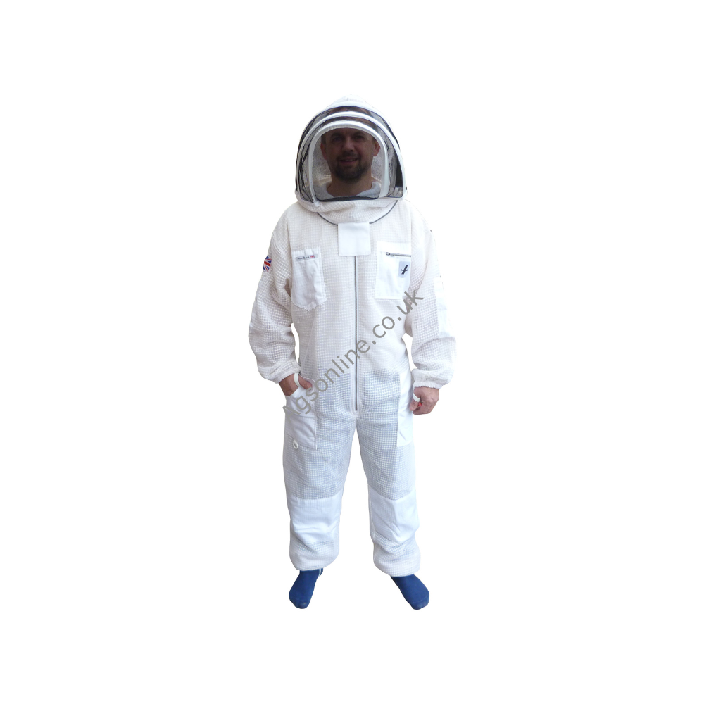 Front view of white 3 layer beekeeping suit with fencing veil, hand in pocket