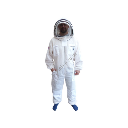 Front view of white 3 layer beekeeping suit with fencing veil, hand in pocket