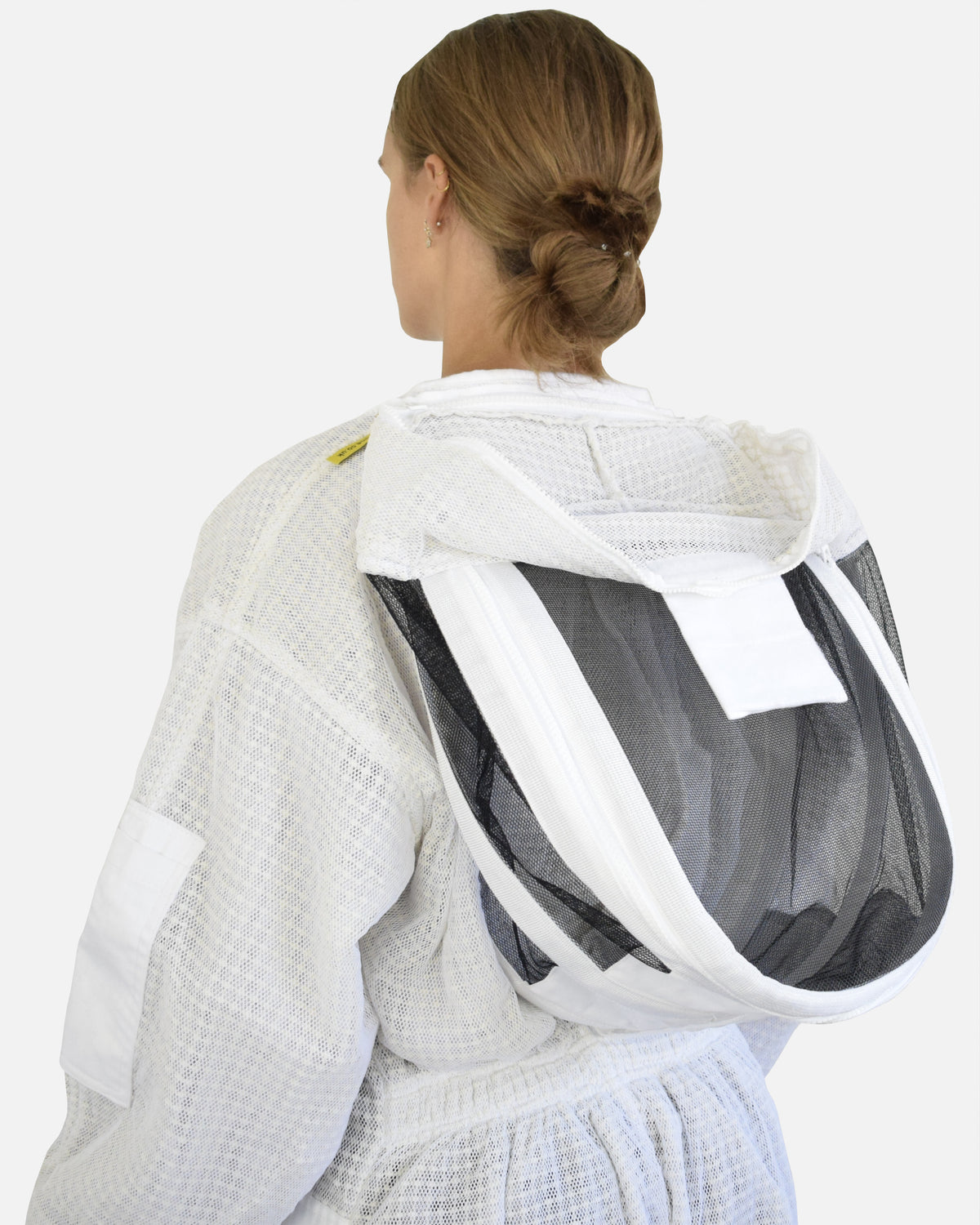 Vista trasera de Blanco PRO Traje de apicultor con careta tipo esgrima folded back