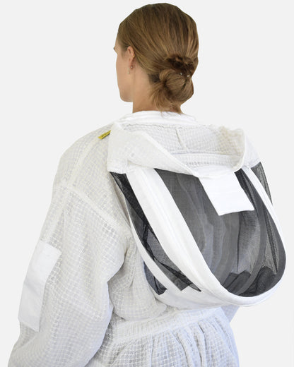 Vista trasera de Blanco PRO Traje de apicultor con careta tipo esgrima folded back
