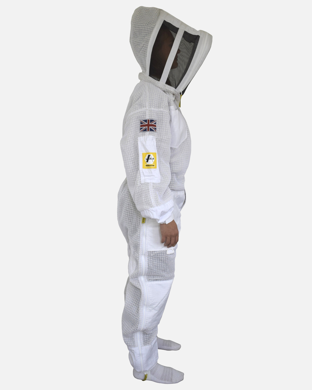 Vista lateral de Blanco PRO 3 capas ventilado Traje de apicultor con careta tipo esgrima