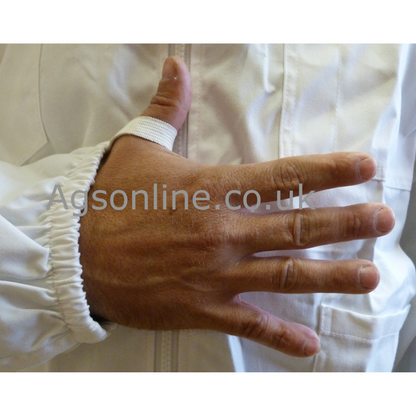 Elasticated cuff with thumb loop on white cotton beekeeping suit