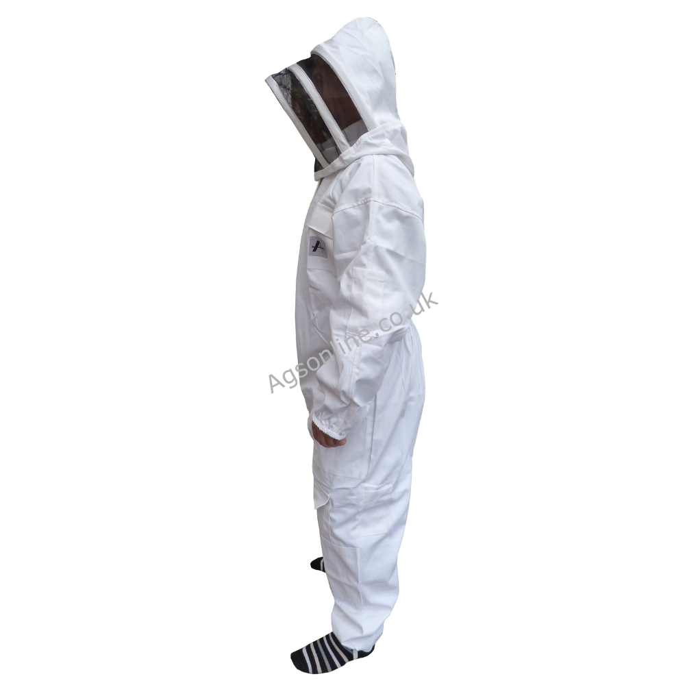 Side view of white cotton beekeeping suit with fencing veil