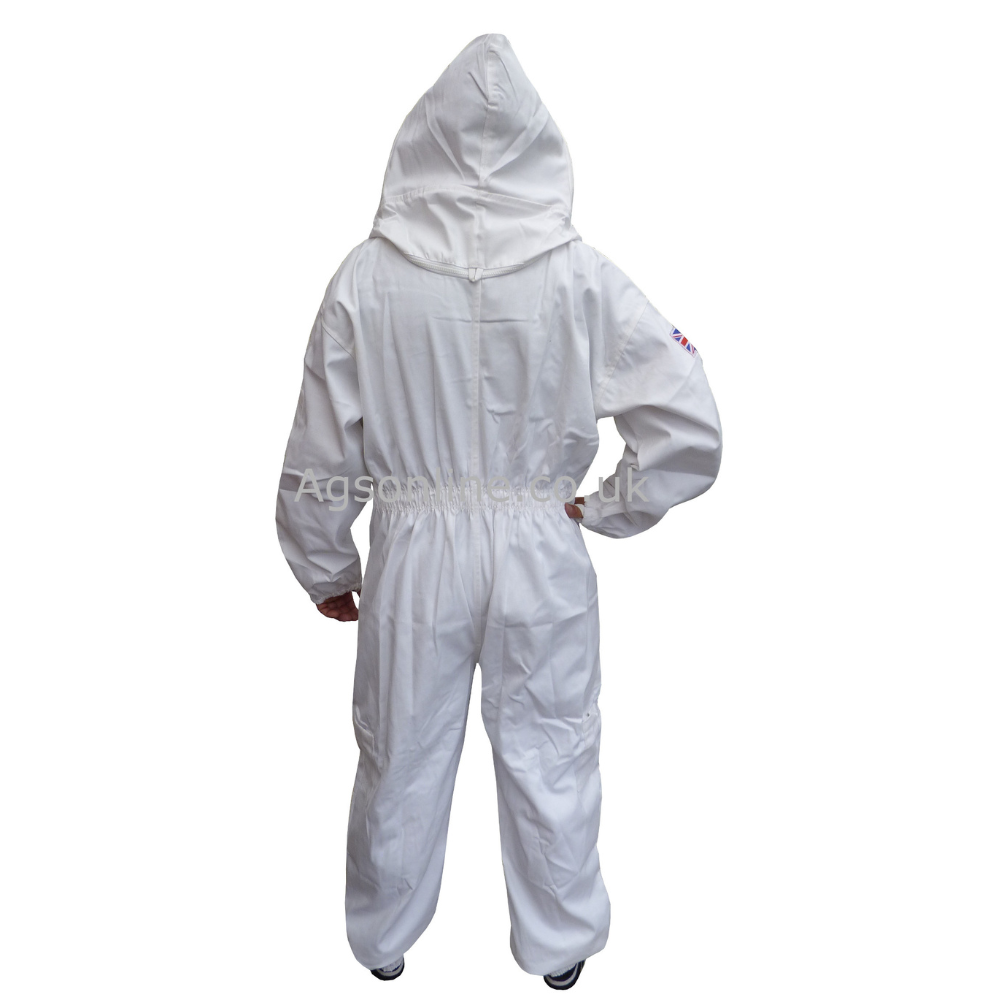 Back view of white cotton bee suit with fencing veil hood up