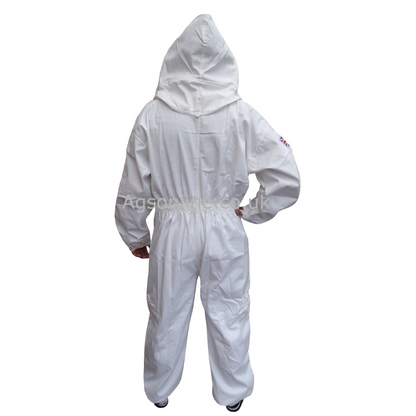 Back view of white cotton bee suit with fencing veil hood up