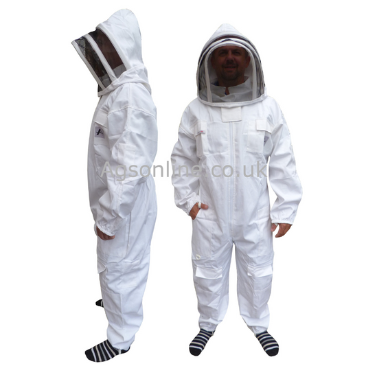 White cotton bee suit with fencing veil, shown from the side and front