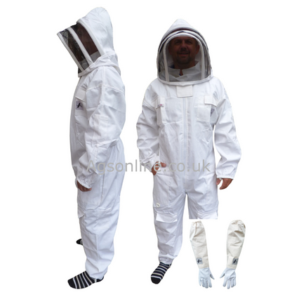 White cotton bee suit with fencing veil and leather gloves, side and front views