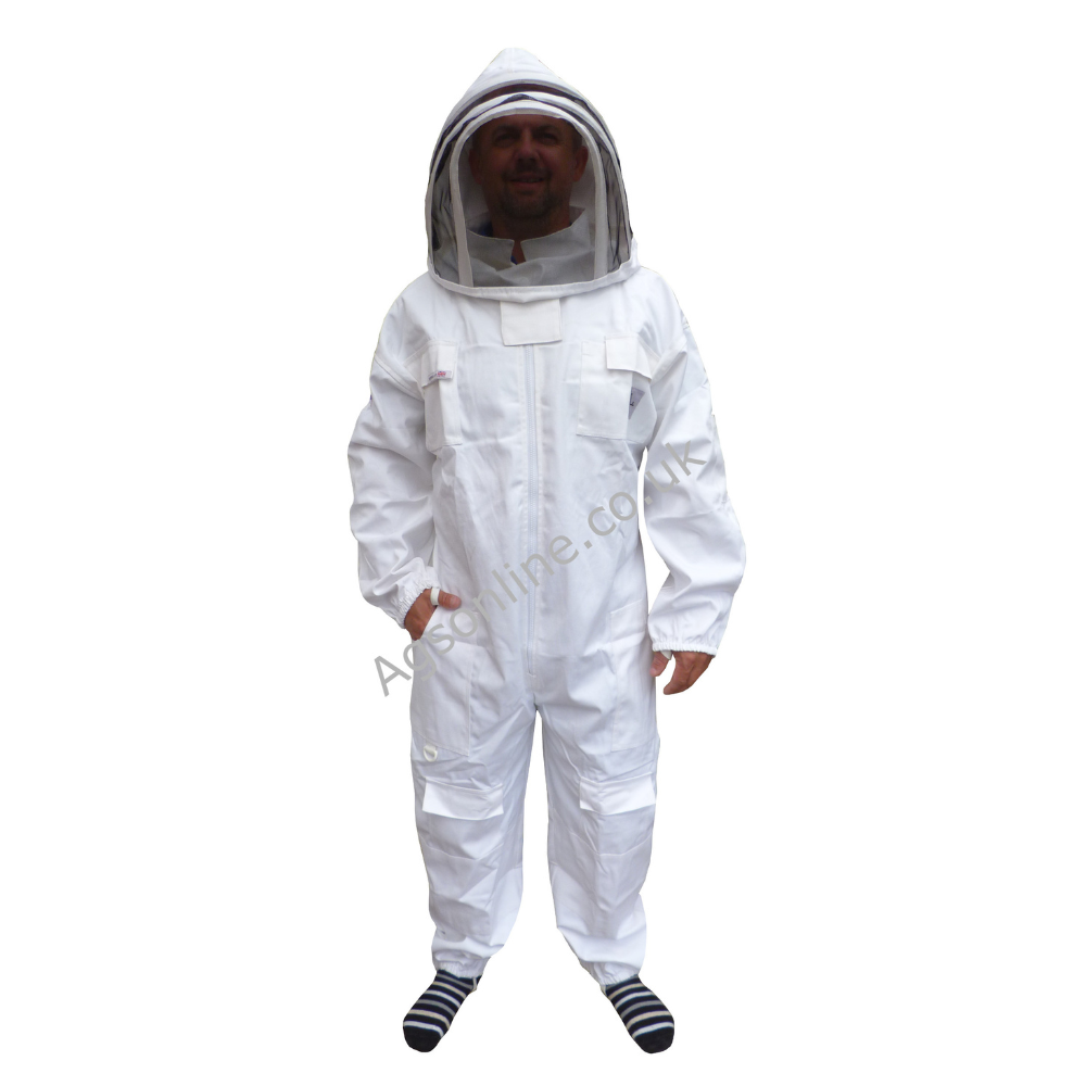 Model wearing white cotton bee suit with fencing veil, front view