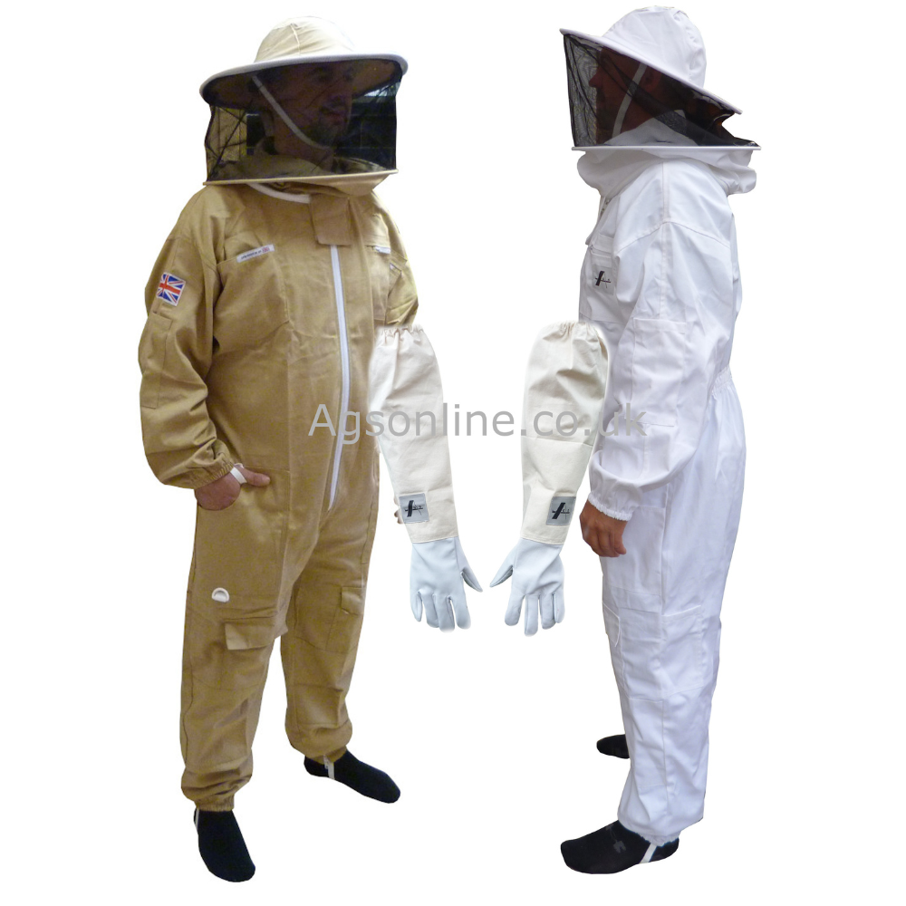 Oliva and Bianca cotone tuta da apicoltores con maschera rotondas and leather gloves