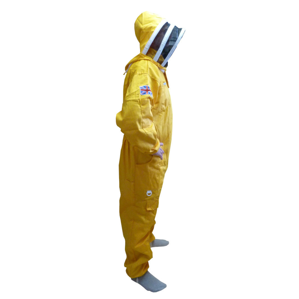 Amarillo algodón Traje de apicultor con careta tipo esgrima, viewed from the left side
