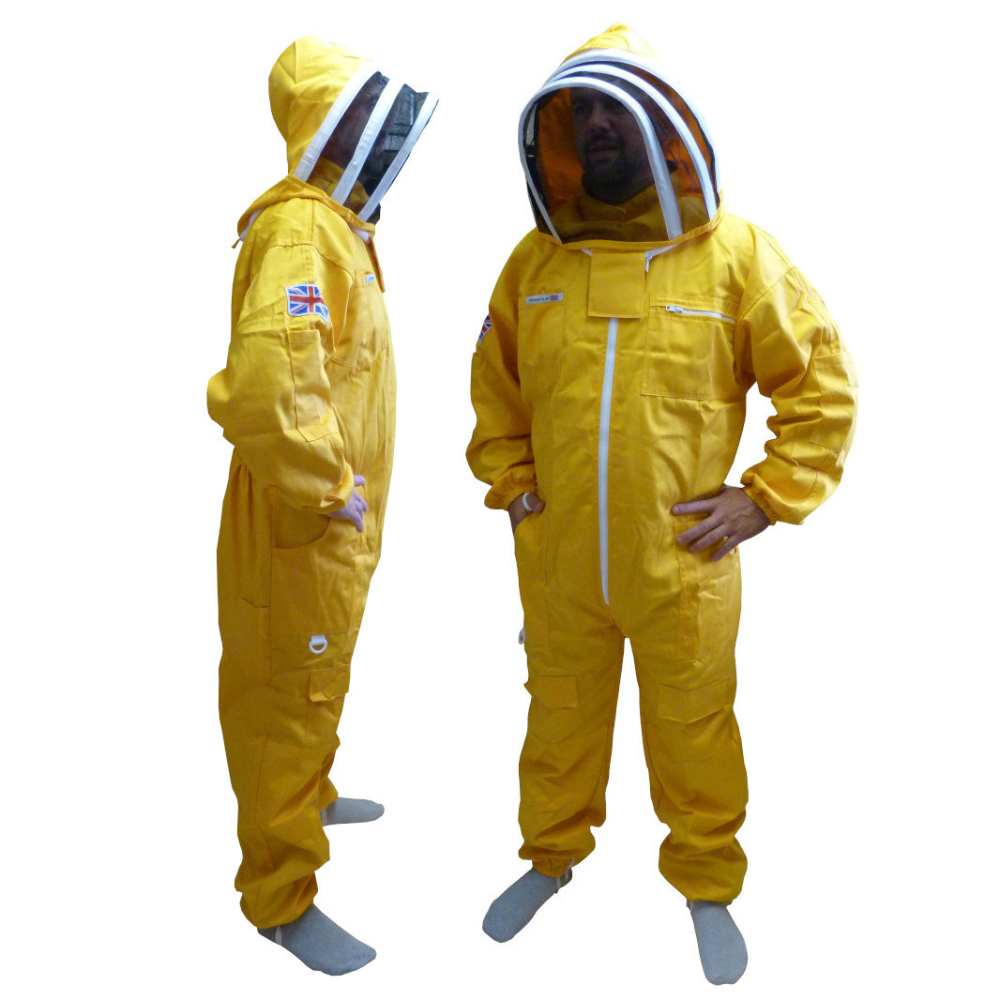 Amarillo algodón Traje de apicultor con careta tipo esgrima, vistas lateral y frontal