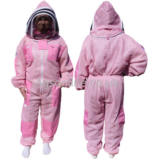 Pink 3 layer ventilated bee suit with fencing veil, front and back views