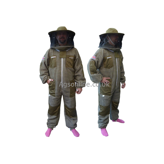 Two models wearing green 3 layer ventilated bee suit with round hat veil