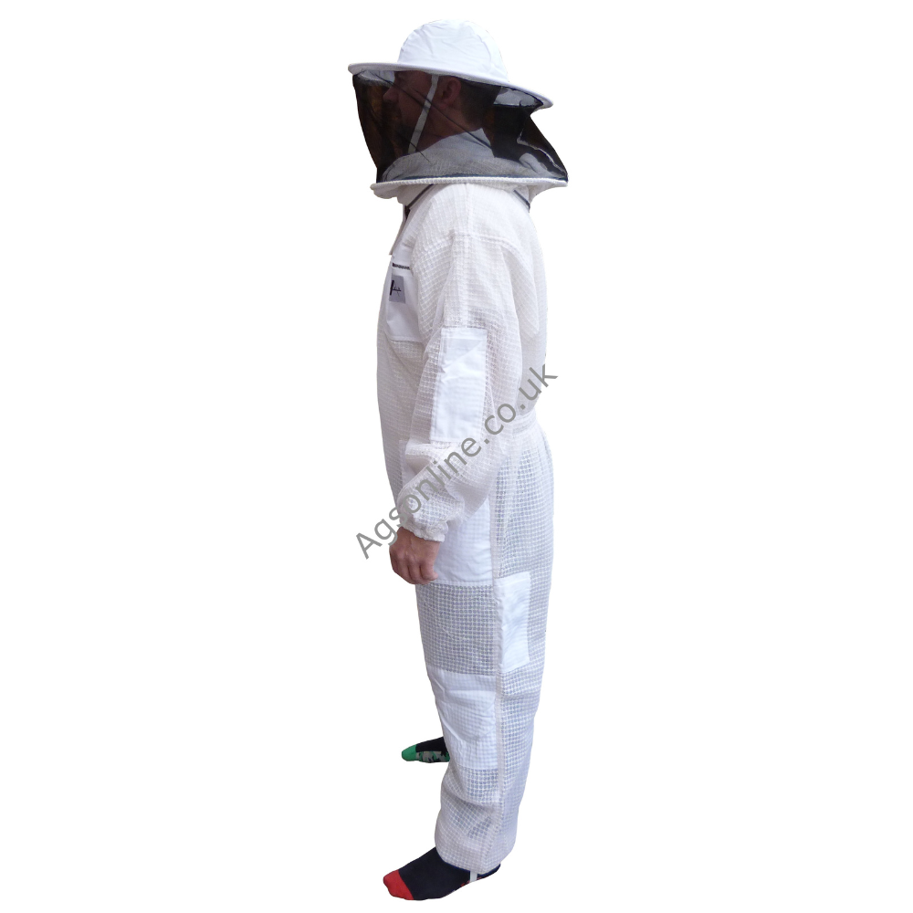 Tuta da apicoltore ventilata a 3 strati bianco con cappello rotondo, vista laterale
