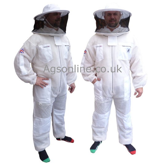 Two models wearing white 3 layer ventilated bee suit with round hat veil