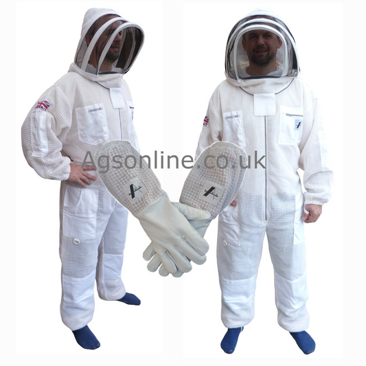 Two models in white 3 layer ventilated bee suit with fencing veil, holding gloves